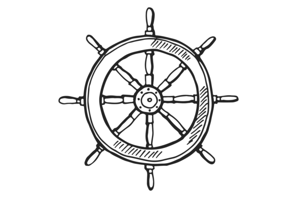 Ship Wheel Sketch. Retro Steering Marine Review